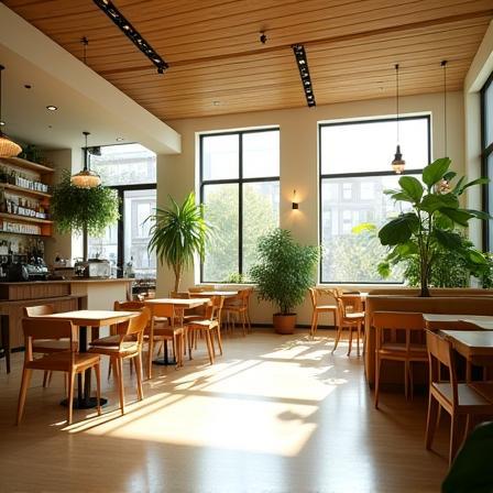 Spacious café interior with plants and wooden decor