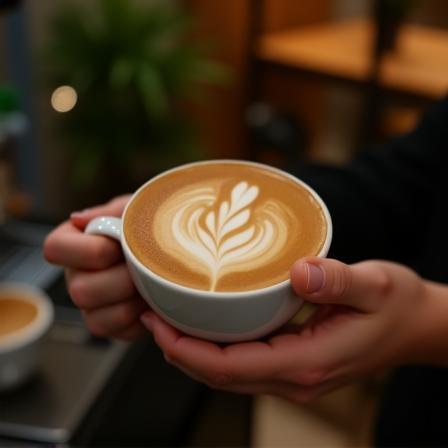 Barista creating latte art in a warm café setting