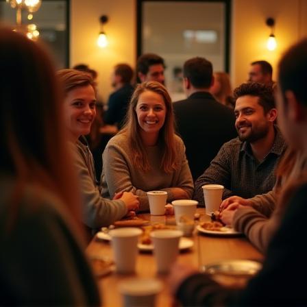 Community event night with guests mingling over coffee