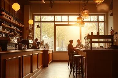 Inviting coffee bar with warm sunlight and coffee aromas