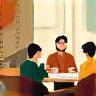 People gathered around a table with coffee